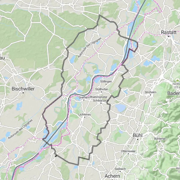 Map miniature of "Drusenheim Loop" cycling inspiration in Freiburg, Germany. Generated by Tarmacs.app cycling route planner
