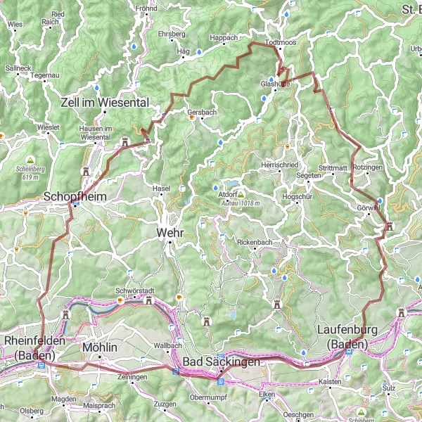 Map miniature of "Gravel Cycling through Nature Reserve" cycling inspiration in Freiburg, Germany. Generated by Tarmacs.app cycling route planner