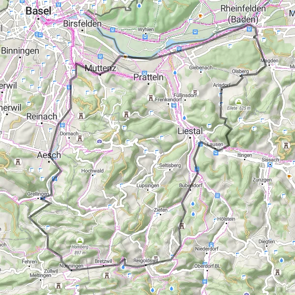Karten-Miniaturansicht der Radinspiration "Rheinfelden-Münchenstein-Rheinfelden Road Tour" in Freiburg, Germany. Erstellt vom Tarmacs.app-Routenplaner für Radtouren
