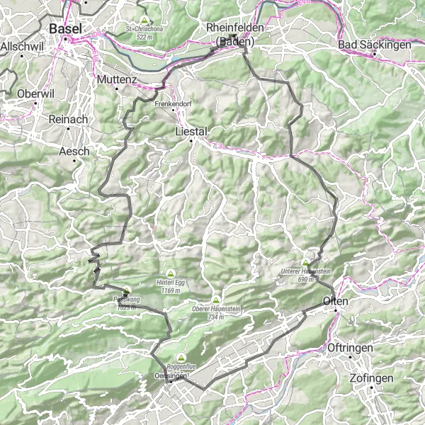 Karten-Miniaturansicht der Radinspiration "Hügeliges Abenteuer nach Olten" in Freiburg, Germany. Erstellt vom Tarmacs.app-Routenplaner für Radtouren