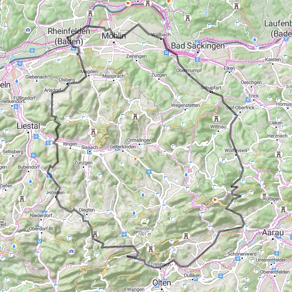 Map miniature of "Road Cycling Adventure through Rheinfelden" cycling inspiration in Freiburg, Germany. Generated by Tarmacs.app cycling route planner
