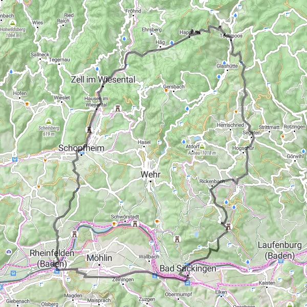 Map miniature of "Rheinfelden Loop" cycling inspiration in Freiburg, Germany. Generated by Tarmacs.app cycling route planner