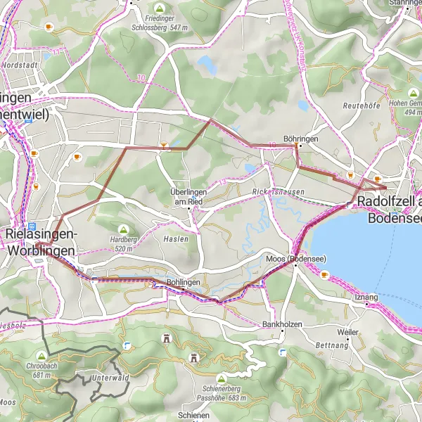 Map miniature of "Bohlingen Gravel Loop" cycling inspiration in Freiburg, Germany. Generated by Tarmacs.app cycling route planner