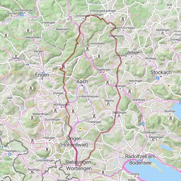 Map miniature of "Rielasingen-Worblingen Gravel Adventure" cycling inspiration in Freiburg, Germany. Generated by Tarmacs.app cycling route planner