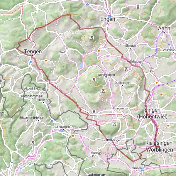 Karten-Miniaturansicht der Radinspiration "Gravelroute um Rielasingen-Worblingen" in Freiburg, Germany. Erstellt vom Tarmacs.app-Routenplaner für Radtouren