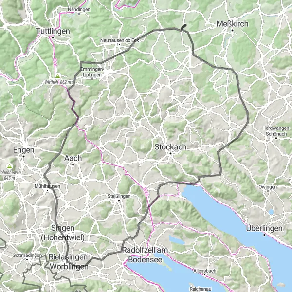 Karten-Miniaturansicht der Radinspiration "Hügelige Straßen von Rielasingen-Worblingen" in Freiburg, Germany. Erstellt vom Tarmacs.app-Routenplaner für Radtouren