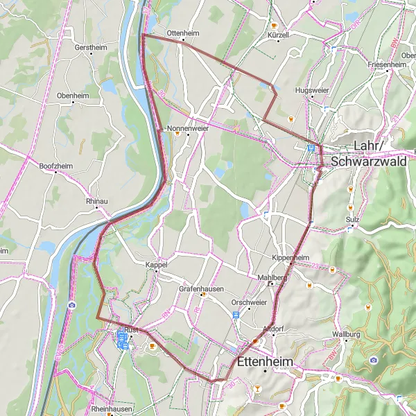 Map miniature of "The Rhine Valley Gravel Tour" cycling inspiration in Freiburg, Germany. Generated by Tarmacs.app cycling route planner