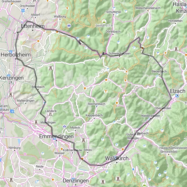Map miniature of "Scenic Road Tour" cycling inspiration in Freiburg, Germany. Generated by Tarmacs.app cycling route planner