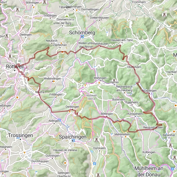 Karten-Miniaturansicht der Radinspiration "Rottweil und Umgebung Gravel Tour" in Freiburg, Germany. Erstellt vom Tarmacs.app-Routenplaner für Radtouren