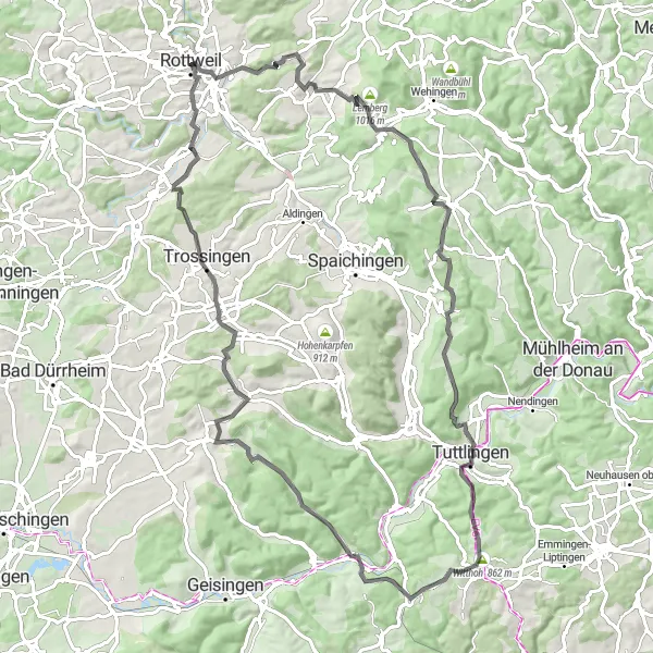 Map miniature of "Rottweil and Beyond" cycling inspiration in Freiburg, Germany. Generated by Tarmacs.app cycling route planner