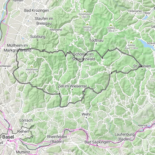 Karten-Miniaturansicht der Radinspiration "Schwarzwald Panorama Tour" in Freiburg, Germany. Erstellt vom Tarmacs.app-Routenplaner für Radtouren
