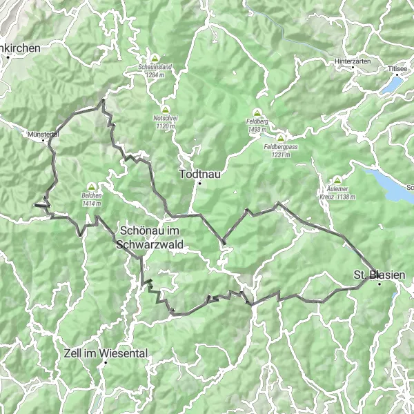 Karten-Miniaturansicht der Radinspiration "Panorama-Rennradtour im Schwarzwald" in Freiburg, Germany. Erstellt vom Tarmacs.app-Routenplaner für Radtouren