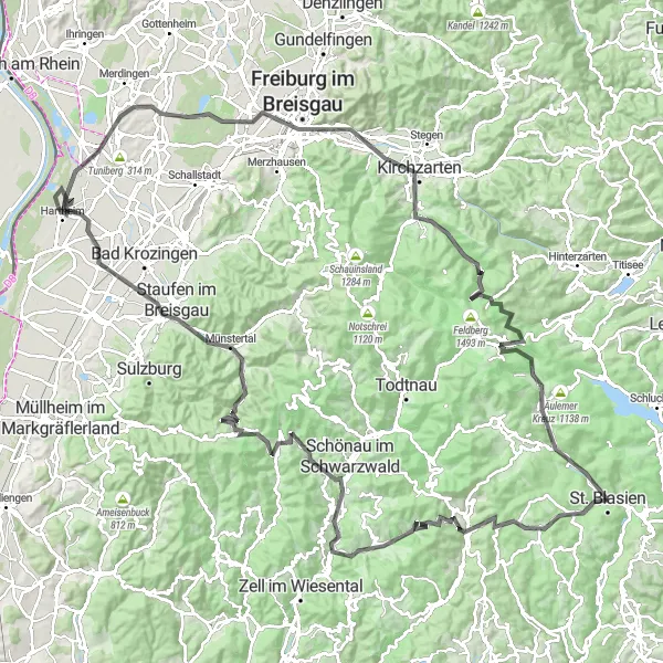 Karten-Miniaturansicht der Radinspiration "Rund um Freiburg Tour" in Freiburg, Germany. Erstellt vom Tarmacs.app-Routenplaner für Radtouren