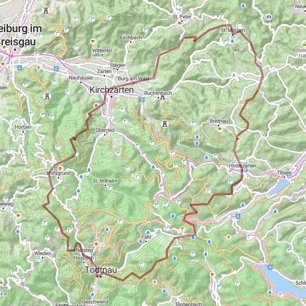 Map miniature of "Mountainous Gravel Adventure" cycling inspiration in Freiburg, Germany. Generated by Tarmacs.app cycling route planner