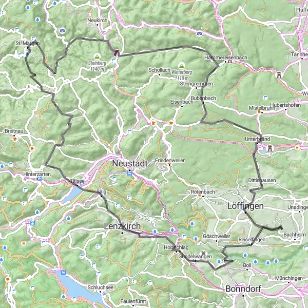 Map miniature of "Scheibenkopf and Titisee Road Loop" cycling inspiration in Freiburg, Germany. Generated by Tarmacs.app cycling route planner