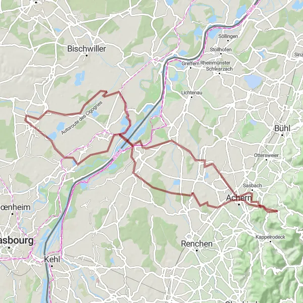 Karten-Miniaturansicht der Radinspiration "Gravel-Abenteuer durch Achern und Herrlisheim" in Freiburg, Germany. Erstellt vom Tarmacs.app-Routenplaner für Radtouren