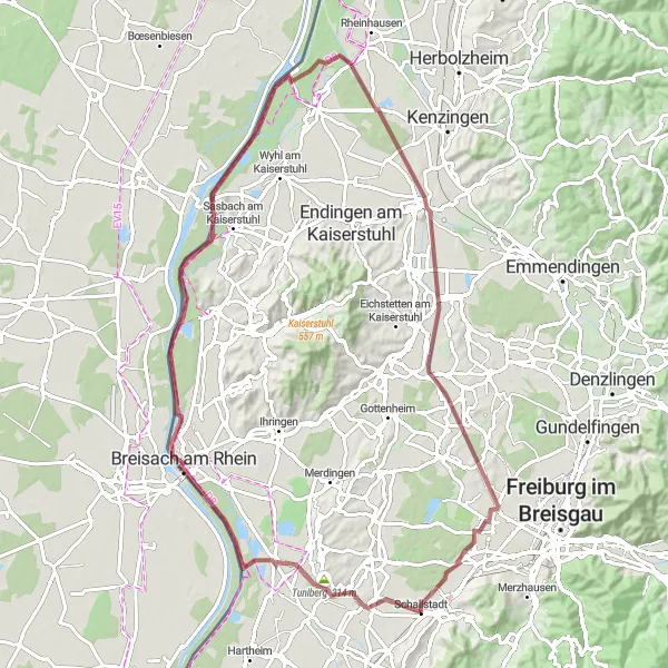 Map miniature of "Nature's Gravel Path" cycling inspiration in Freiburg, Germany. Generated by Tarmacs.app cycling route planner