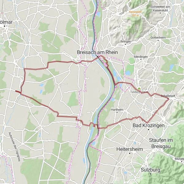 Karten-Miniaturansicht der Radinspiration "Rund um Schallstadt" in Freiburg, Germany. Erstellt vom Tarmacs.app-Routenplaner für Radtouren