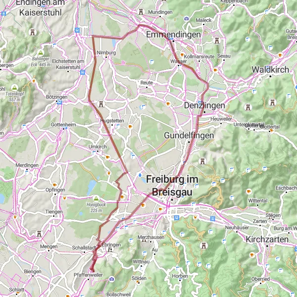 Map miniature of "Exploring Gravel Gems" cycling inspiration in Freiburg, Germany. Generated by Tarmacs.app cycling route planner