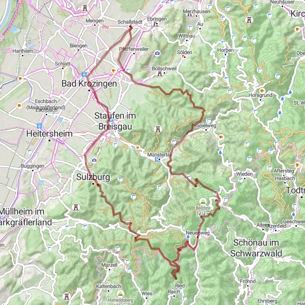 Map miniature of "The Gravel Adventure" cycling inspiration in Freiburg, Germany. Generated by Tarmacs.app cycling route planner