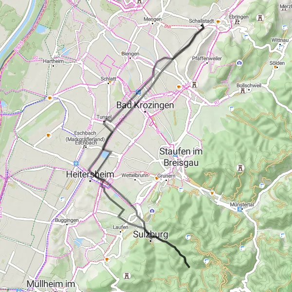 Map miniature of "Scenic Road Ride" cycling inspiration in Freiburg, Germany. Generated by Tarmacs.app cycling route planner