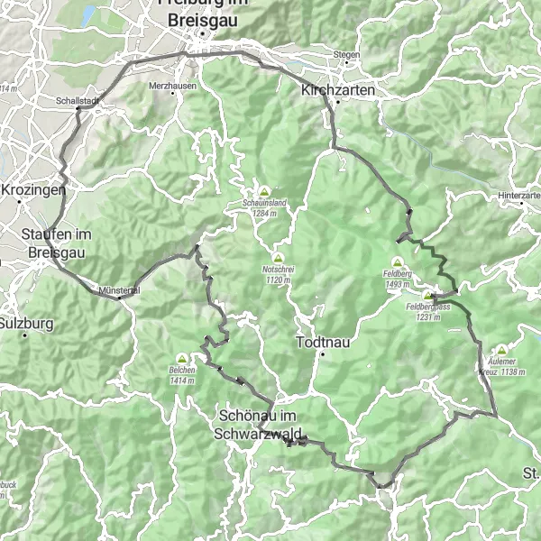 Map miniature of "The Black Forest Challenge" cycling inspiration in Freiburg, Germany. Generated by Tarmacs.app cycling route planner