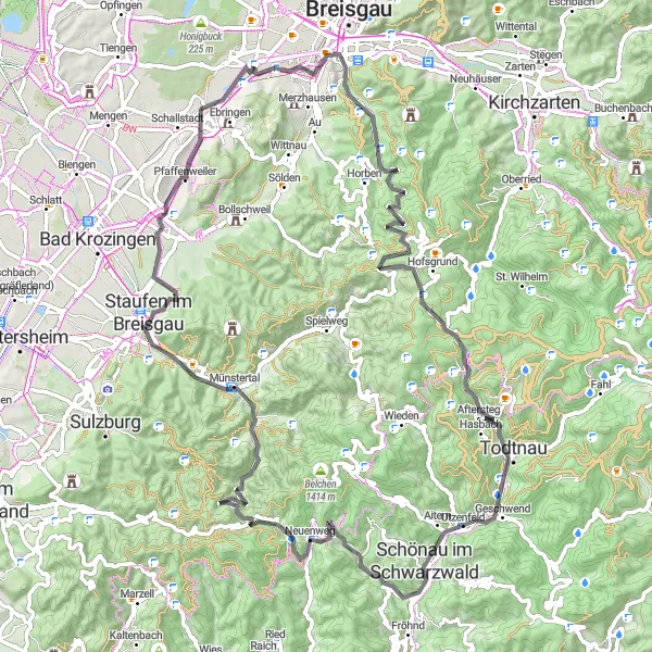 Map miniature of "Exploring the Crest of the Black Forest" cycling inspiration in Freiburg, Germany. Generated by Tarmacs.app cycling route planner