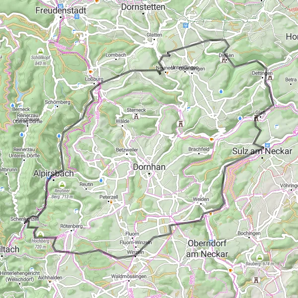 Map miniature of "Alpirsbach Challenge" cycling inspiration in Freiburg, Germany. Generated by Tarmacs.app cycling route planner
