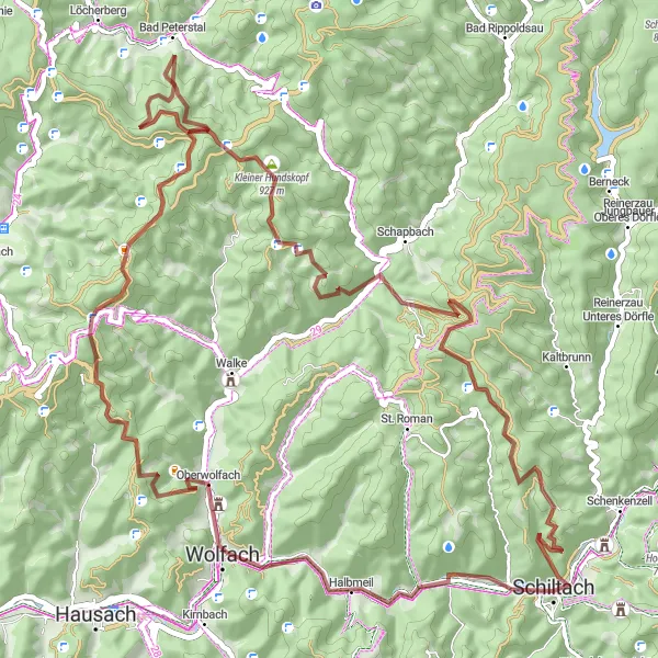 Map miniature of "Gravel Routes from Schiltach" cycling inspiration in Freiburg, Germany. Generated by Tarmacs.app cycling route planner