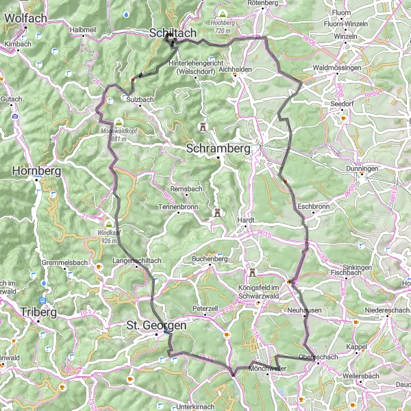 Map miniature of "The Road to Roßberg" cycling inspiration in Freiburg, Germany. Generated by Tarmacs.app cycling route planner