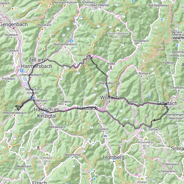 Map miniature of "Schiltach - Moosenkapf Loop" cycling inspiration in Freiburg, Germany. Generated by Tarmacs.app cycling route planner