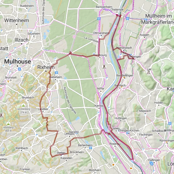 Map miniature of "Schliengen - Chalampé Gravel Loop" cycling inspiration in Freiburg, Germany. Generated by Tarmacs.app cycling route planner
