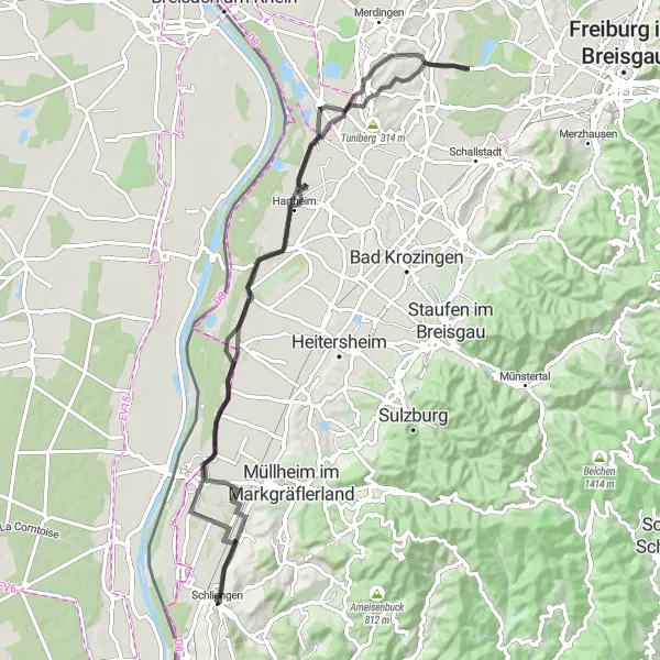 Map miniature of "The Road Less Traveled" cycling inspiration in Freiburg, Germany. Generated by Tarmacs.app cycling route planner