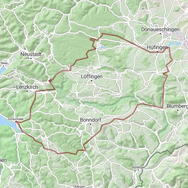 Map miniature of "Gravel Escape to Nature" cycling inspiration in Freiburg, Germany. Generated by Tarmacs.app cycling route planner