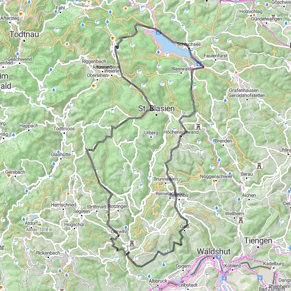 Map miniature of "The Road to Adventure" cycling inspiration in Freiburg, Germany. Generated by Tarmacs.app cycling route planner