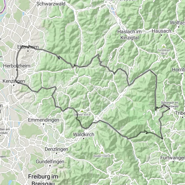 Karten-Miniaturansicht der Radinspiration "Bergtour durch den Schwarzwald" in Freiburg, Germany. Erstellt vom Tarmacs.app-Routenplaner für Radtouren