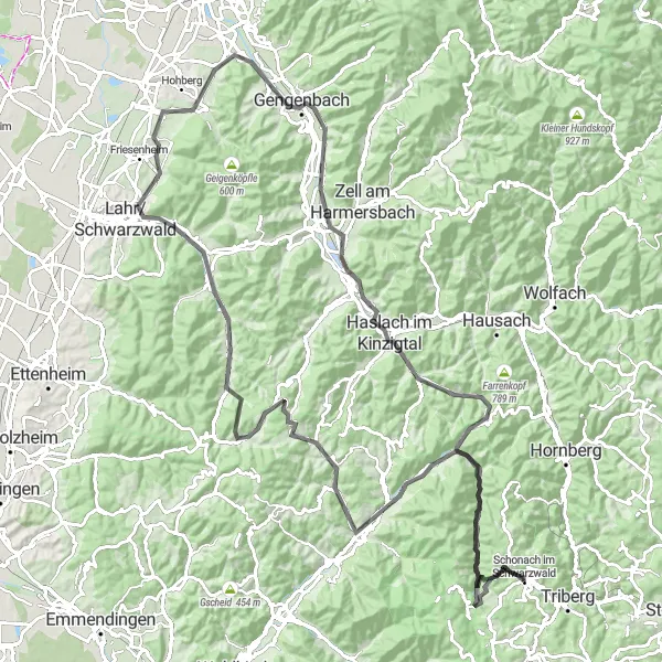 Karten-Miniaturansicht der Radinspiration "Epische Straßentour um Schonach im Schwarzwald" in Freiburg, Germany. Erstellt vom Tarmacs.app-Routenplaner für Radtouren