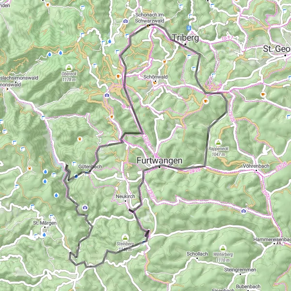 Karten-Miniaturansicht der Radinspiration "Große Rundtour ab Schonach im Schwarzwald" in Freiburg, Germany. Erstellt vom Tarmacs.app-Routenplaner für Radtouren