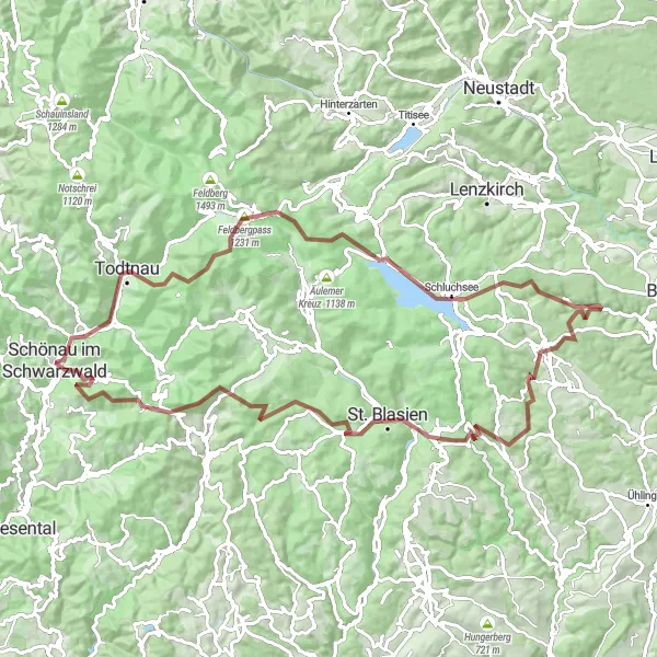 Map miniature of "Schönau im Schwarzwald Gravel Adventure" cycling inspiration in Freiburg, Germany. Generated by Tarmacs.app cycling route planner