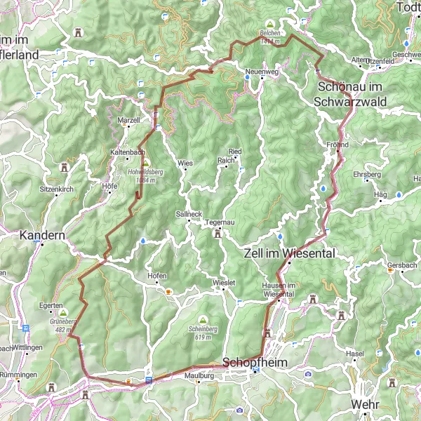 Map miniature of "Untouched Beauty: Gravel Cycling in Schönau im Schwarzwald" cycling inspiration in Freiburg, Germany. Generated by Tarmacs.app cycling route planner