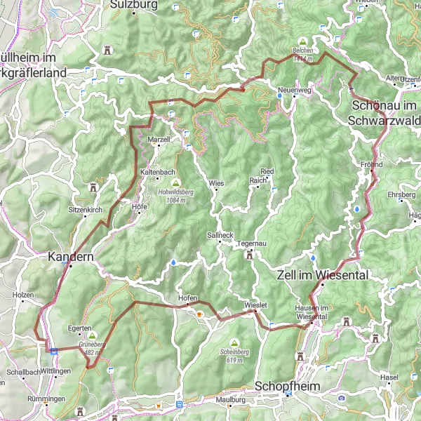 Map miniature of "Zell im Wiesental Loop" cycling inspiration in Freiburg, Germany. Generated by Tarmacs.app cycling route planner