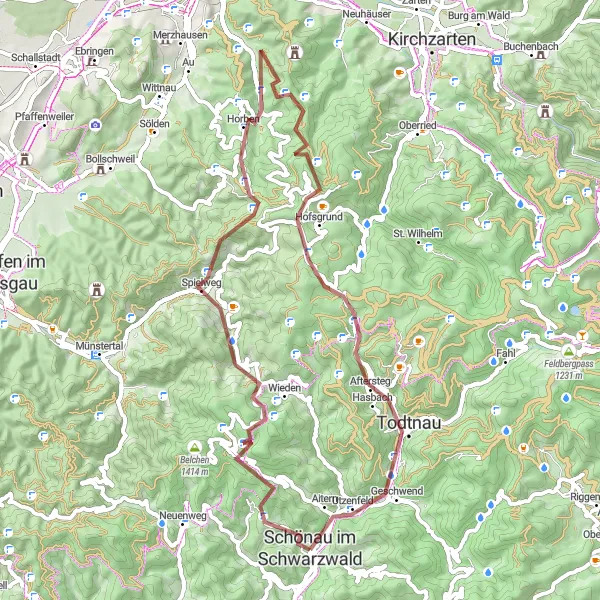 Map miniature of "Winding Trails and Mountain Views" cycling inspiration in Freiburg, Germany. Generated by Tarmacs.app cycling route planner