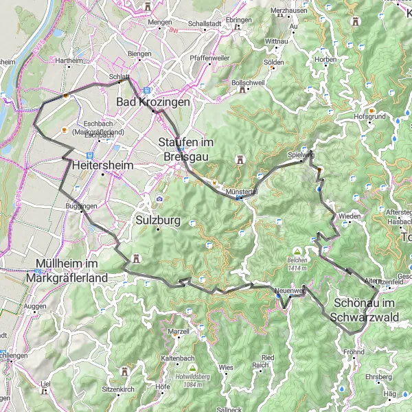 Map miniature of "Road Cycling Adventure Around Schönau im Schwarzwald" cycling inspiration in Freiburg, Germany. Generated by Tarmacs.app cycling route planner