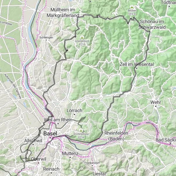 Map miniature of "Black Forest Road Cycling Odyssey" cycling inspiration in Freiburg, Germany. Generated by Tarmacs.app cycling route planner