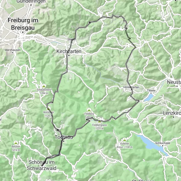 Map miniature of "Scenic Road Cycling Experience in Schönau im Schwarzwald" cycling inspiration in Freiburg, Germany. Generated by Tarmacs.app cycling route planner