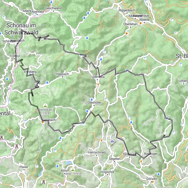 Map miniature of "Scenic Road Tour of the Black Forest" cycling inspiration in Freiburg, Germany. Generated by Tarmacs.app cycling route planner