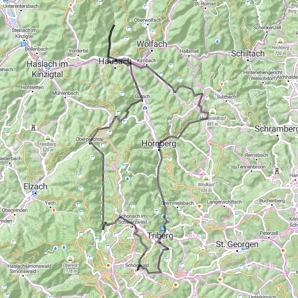 Map miniature of "Schönwald to Triberg via Silberberg and Mooswaldkopf" cycling inspiration in Freiburg, Germany. Generated by Tarmacs.app cycling route planner