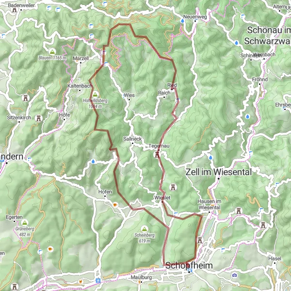 Karten-Miniaturansicht der Radinspiration "Gravel Tour rund um Schopfheim" in Freiburg, Germany. Erstellt vom Tarmacs.app-Routenplaner für Radtouren
