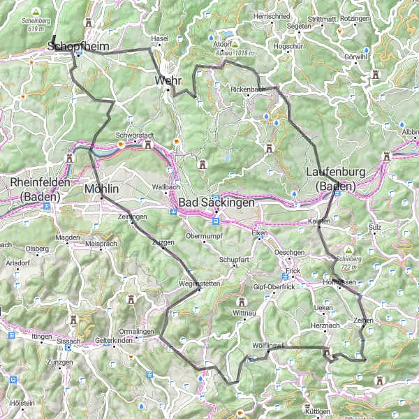 Karten-Miniaturansicht der Radinspiration "Die Schwarzwald-Runde von Schopfheim" in Freiburg, Germany. Erstellt vom Tarmacs.app-Routenplaner für Radtouren