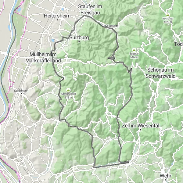 Karten-Miniaturansicht der Radinspiration "Rennradtour um Schopfheim" in Freiburg, Germany. Erstellt vom Tarmacs.app-Routenplaner für Radtouren